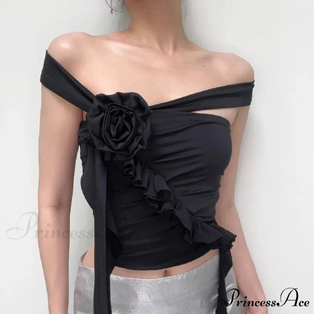 Gothic Backless Aesthetic Flower Ruffles Off Shoulder Crop Top Black / S