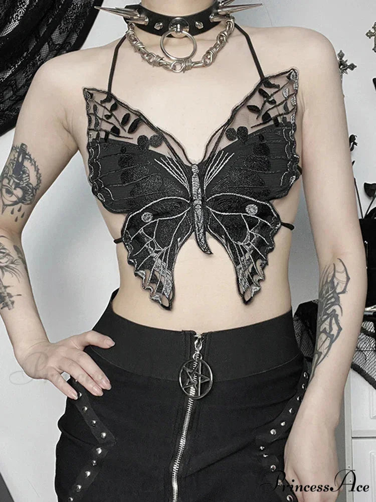Gothic Backless Hollow Out Lace Butterfly Summer Streetwear Crop Top Black / One Size
