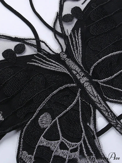 Gothic Backless Hollow Out Lace Butterfly Summer Streetwear Crop Top Black / One Size