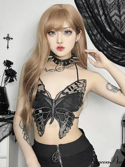 Gothic Backless Hollow Out Lace Butterfly Summer Streetwear Crop Top Black / One Size