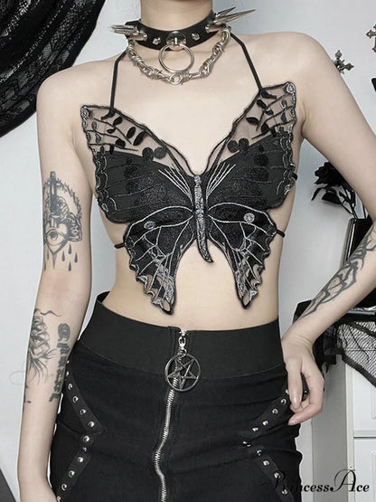 Gothic Backless Hollow Out Lace Butterfly Summer Streetwear Crop Top Black / One Size