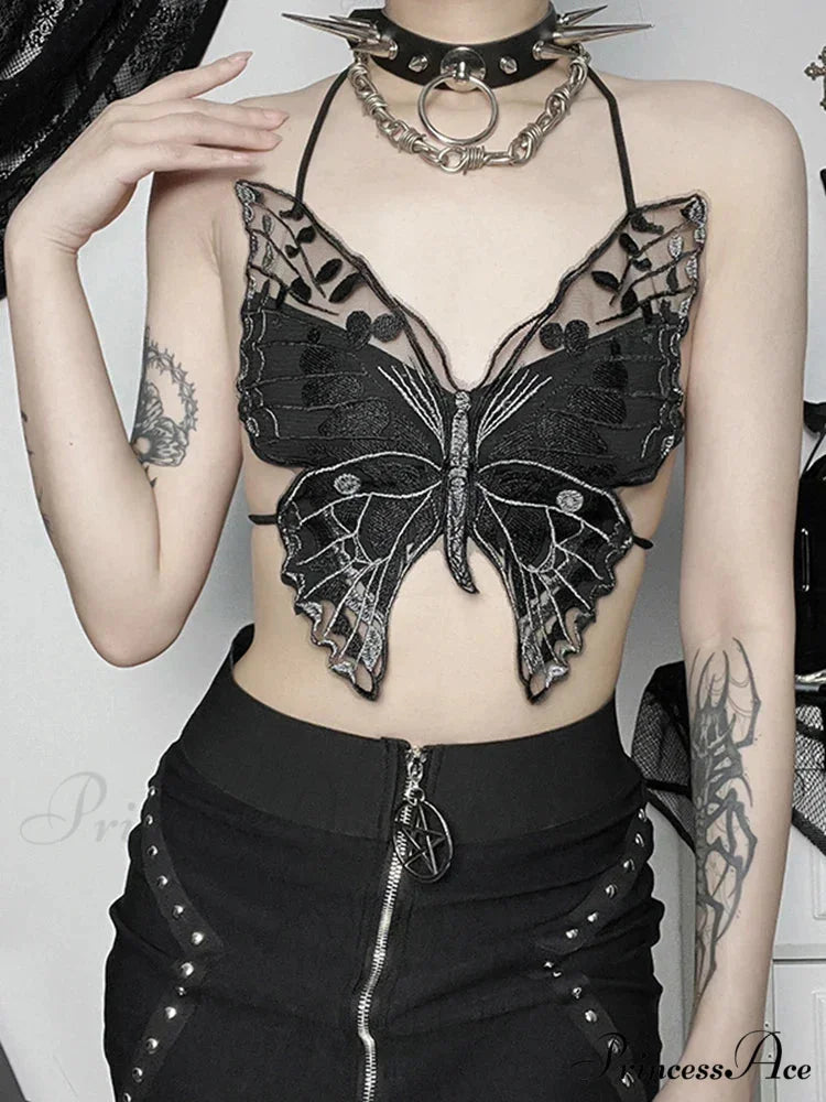 Gothic Backless Hollow Out Lace Butterfly Summer Streetwear Crop Top Black / One Size