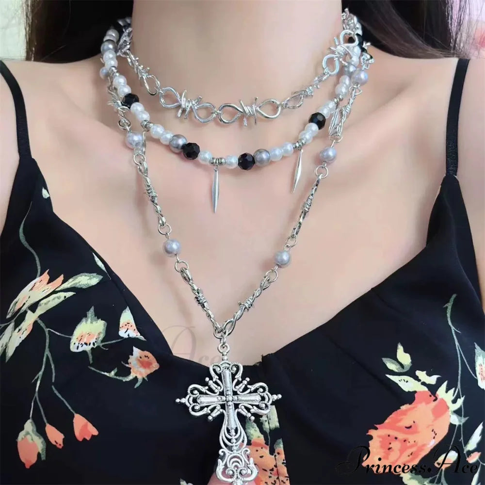 Gothic Beaded Thorn Heavy Punk Cross Pendant Vintage Layered Necklace SILVER