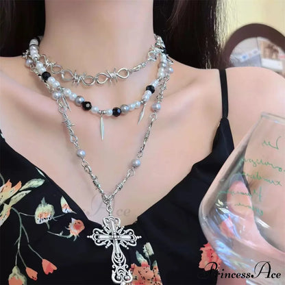 Gothic Beaded Thorn Heavy Punk Cross Pendant Vintage Layered Necklace SILVER