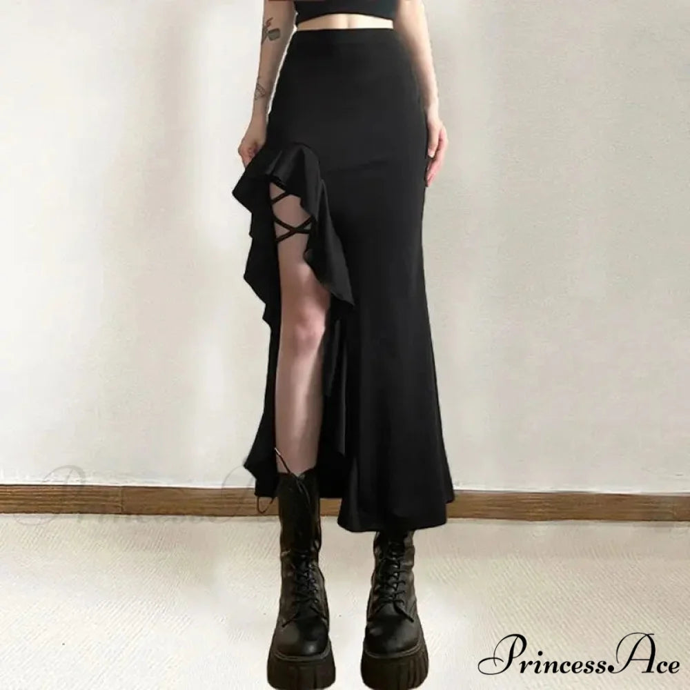 Gothic Black Bodycon Waisted Punk Midi Slit Skirt Black / S