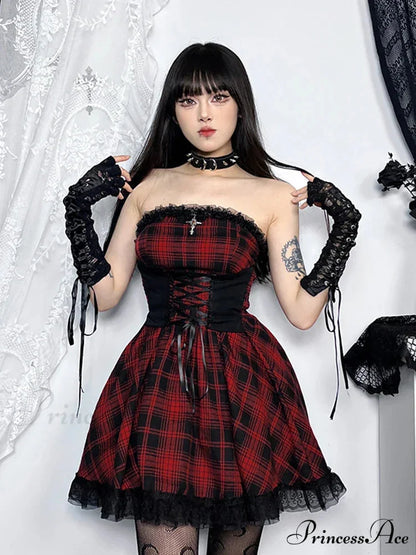 Gothic Contrast Straples Tube Top Bodycon Dress Red / S