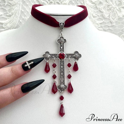 Gothic Cross Blood Drop Tassel Red Velvet Unique Necklace RED