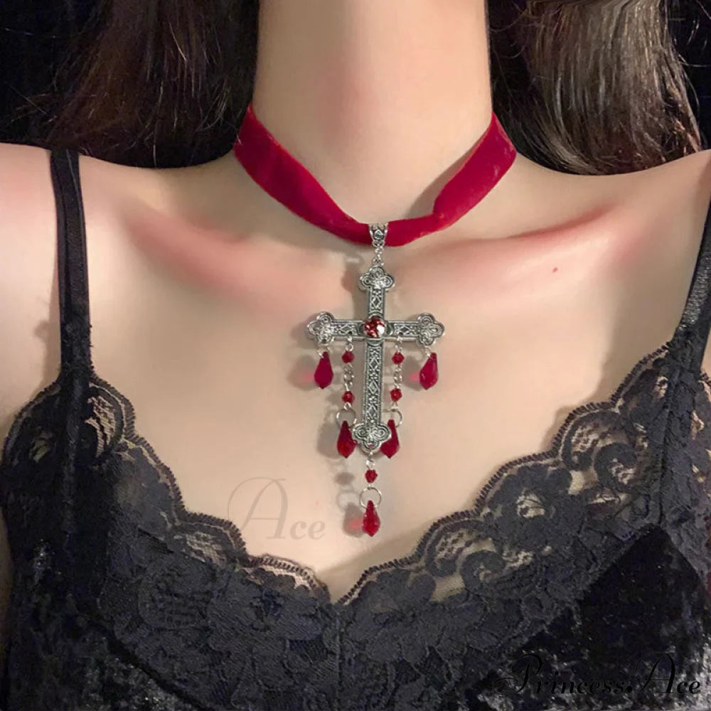 Gothic Cross Blood Drop Tassel Red Velvet Unique Necklace RED