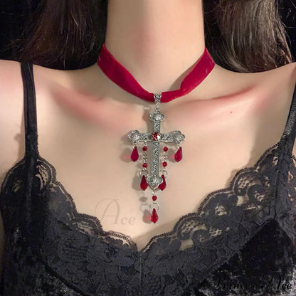 Gothic Cross Blood Drop Tassel Red Velvet Unique Necklace RED