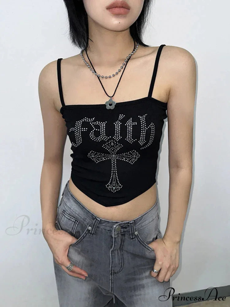 Gothic Cross Hot Rhinestone Vintage Spaghetti Straps Corset Y2K Street Grunge Crop Top Black / S