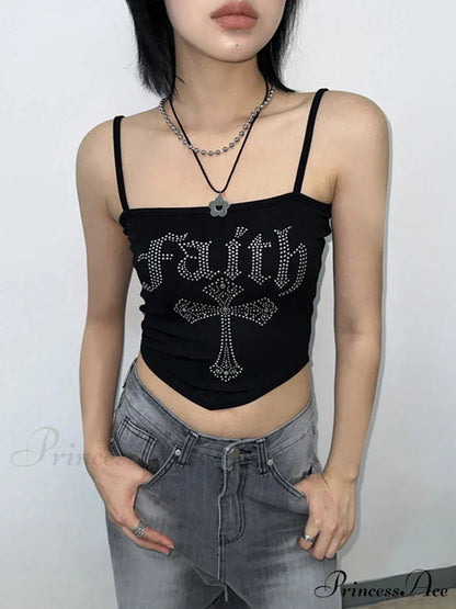 Gothic Cross Hot Rhinestone Vintage Spaghetti Straps Corset Y2K Street Grunge Crop Top Black / S