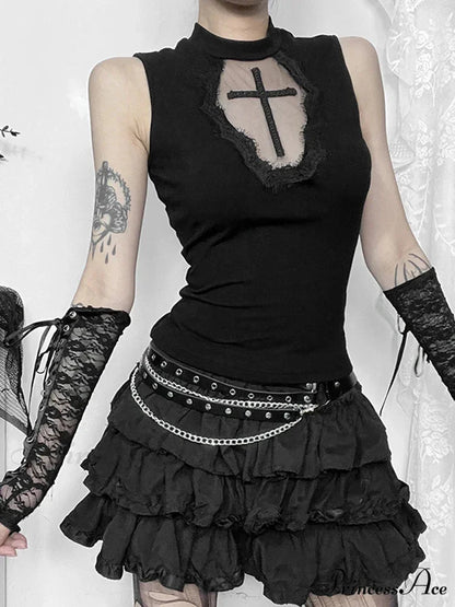 Gothic Dark Cross Mesh Patchwork See Through Grunge Alternative Crop Top Black / S