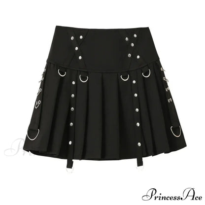 Gothic Diablo Harajuku Personality Spice Rivet Metal Buckle Streamer Low Waist A Version Short Pleated Skirt BLACK / S