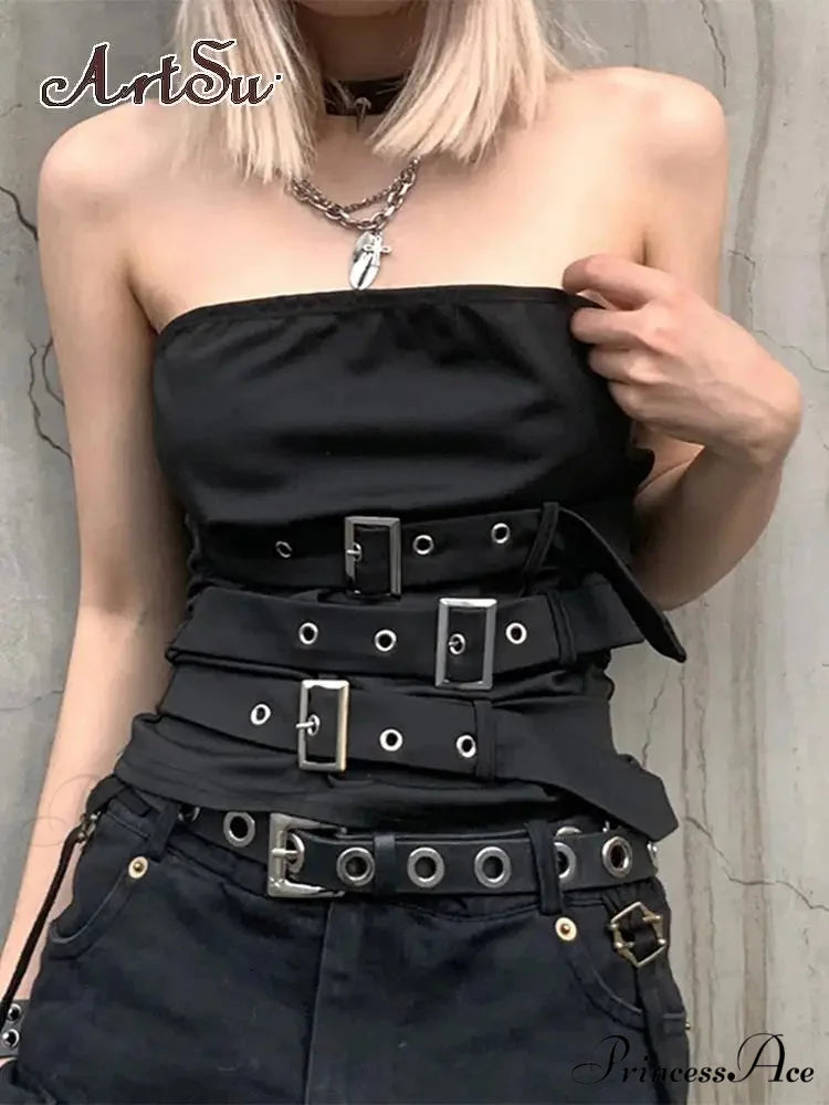 Gothic Eyelet Bandage Design Punk Black Sleeveless Crop Top Black / S