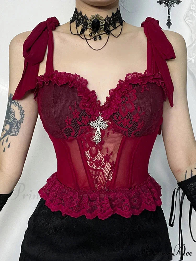Gothic Floral Lace Mesh Corset V Neck Adjustable Strap Camisole Crop Top Red / S