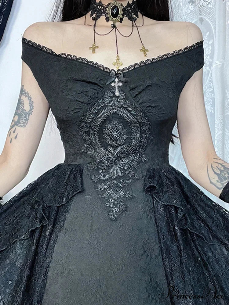 Gothic Folds Corsets A-Line Black Off Shoulder Ball Gown Women Grunge Vintage Aesthetic Harajuku Partywear Dress Black