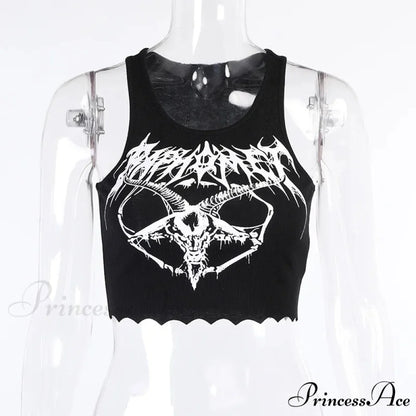 Gothic Grunge Knitted Punk Black Goat Print Crop Top BLACK / S