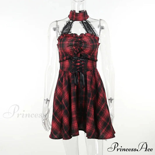 Gothic Halter Neck Sleeveless Vintage Plaid Mall Goth High Waist A line Swing Backless Dress Red / S