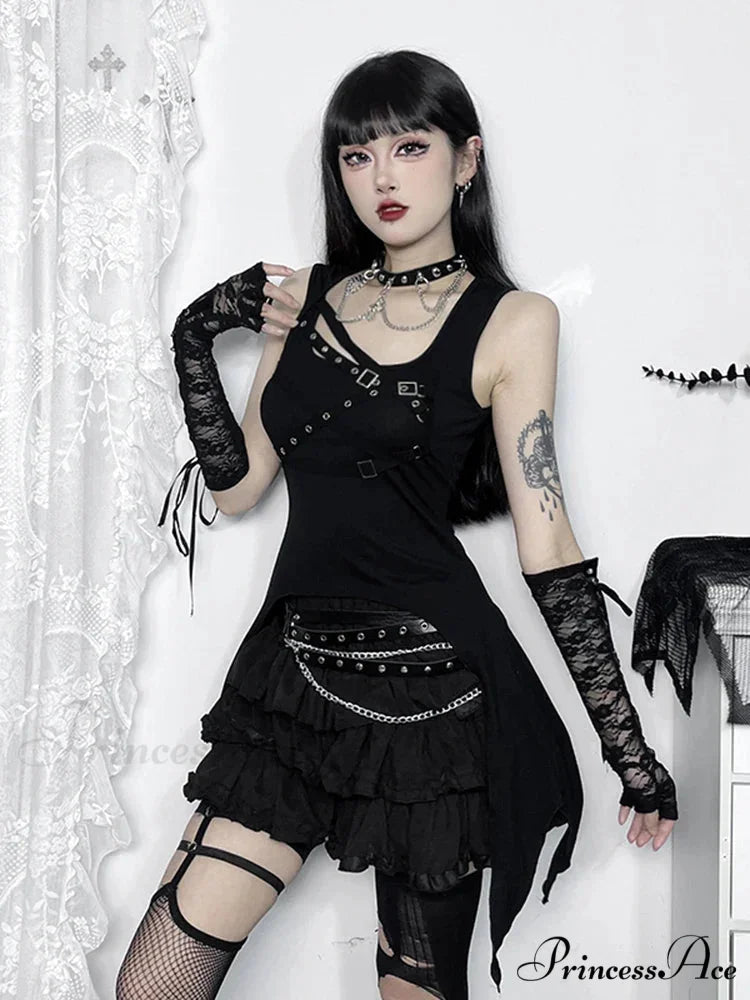 Gothic Irregular Harajuku Y2K Sleeveless Crop Top Black / XS
