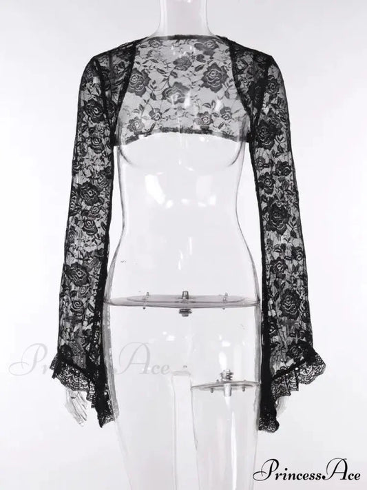 Gothic Lace Harajuku Y2K Spaghetti Strap Bodycon Flare Sleeve Backless E-Girls Dress BLACK / S