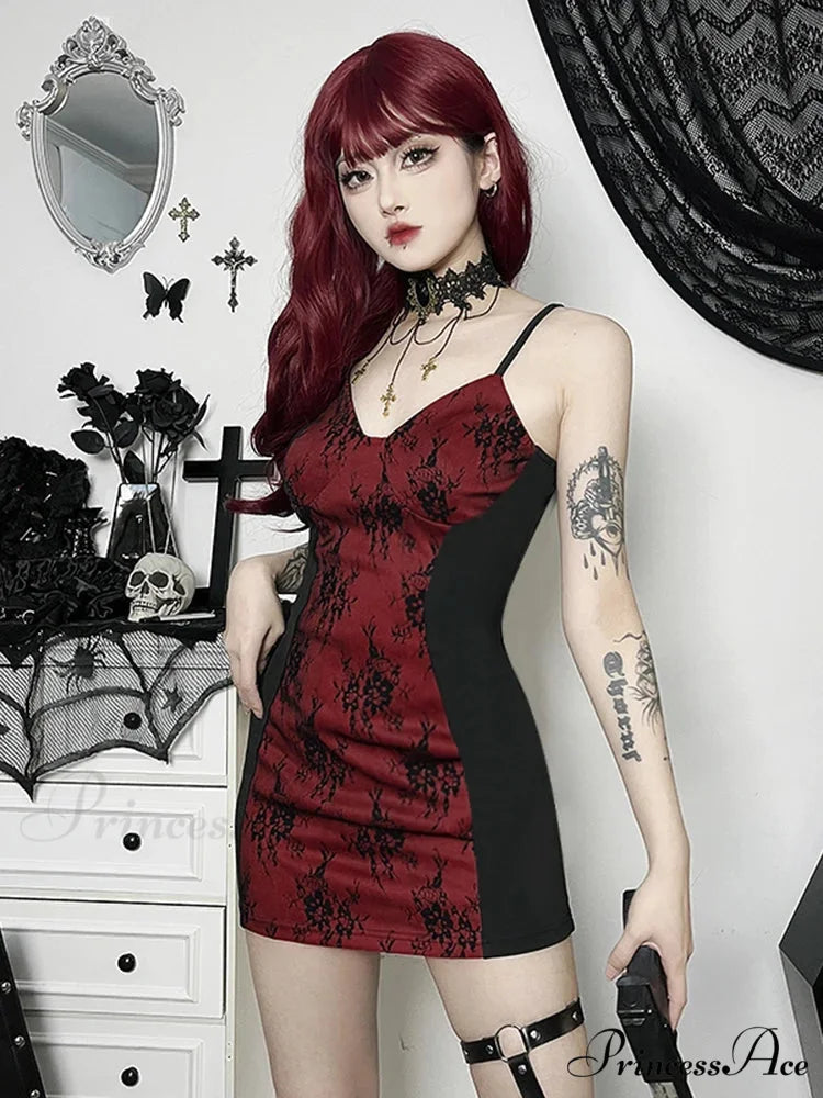 Gothic Lace Harajuku Y2K Spaghetti Strap Bodycon Flare Sleeve Backless E-Girls Dress RED / S