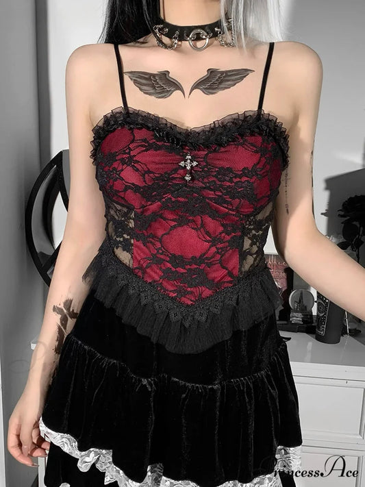 Gothic Lace Patchwork Zipper Backless See Through Vintage Y2K Aesthetic Crop Top Red / S