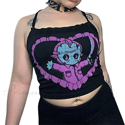 Gothic Lace Trim U-neck Exposed Navel Crop Top Black / S