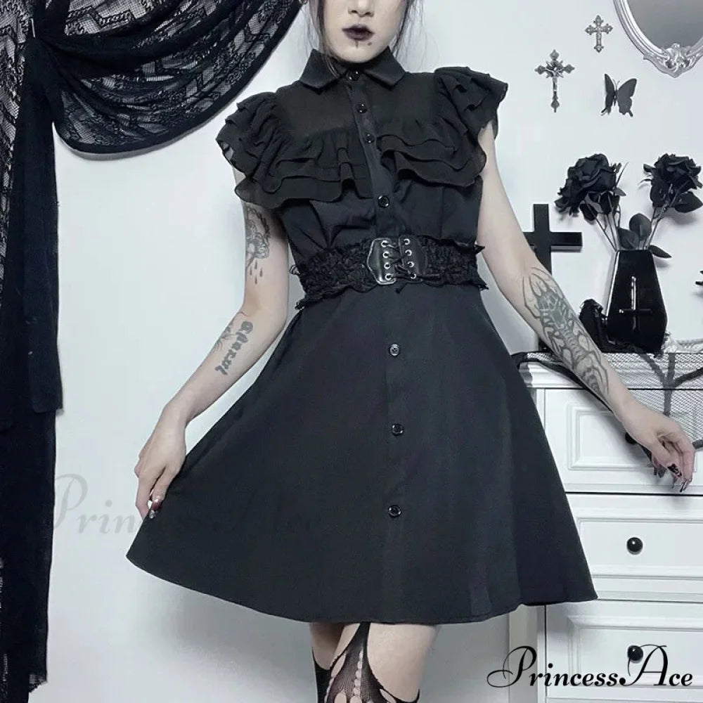 Gothic Mall Harajuku E-Girl Dress Mesh Patchwork Black Slim A-Line Sexy Party Grunge Aesthetic Streetwear Dress Black