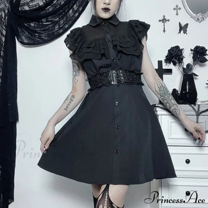 Gothic Mall Harajuku E-Girl Dress Mesh Patchwork Black Slim A-Line Sexy Party Grunge Aesthetic Streetwear Dress Black