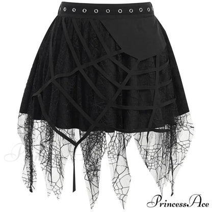 Gothic Mini Y2K Harajuku Spider Web Patchwork Lace Tassel Dark Academy Street Woman With Belt Fairy Grunge Skirt Black