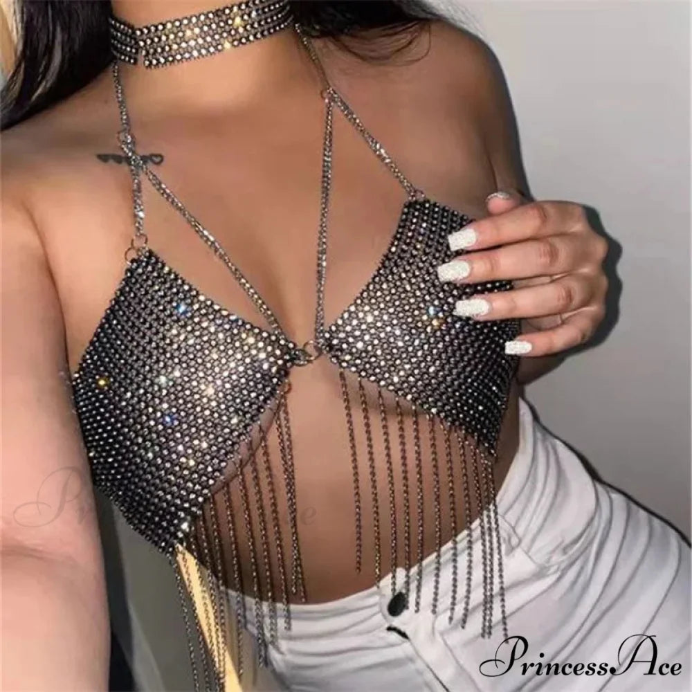 Gothic Party Club Corset Rhinestones Crop Top black1 / S