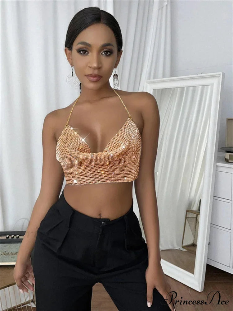 Gothic Party Club Corset Rhinestones Crop Top champagne / S