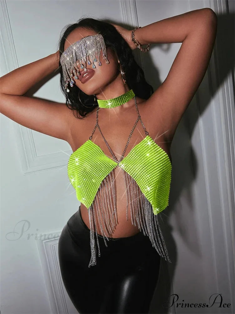 Gothic Party Club Corset Rhinestones Crop Top fluorescent green / S