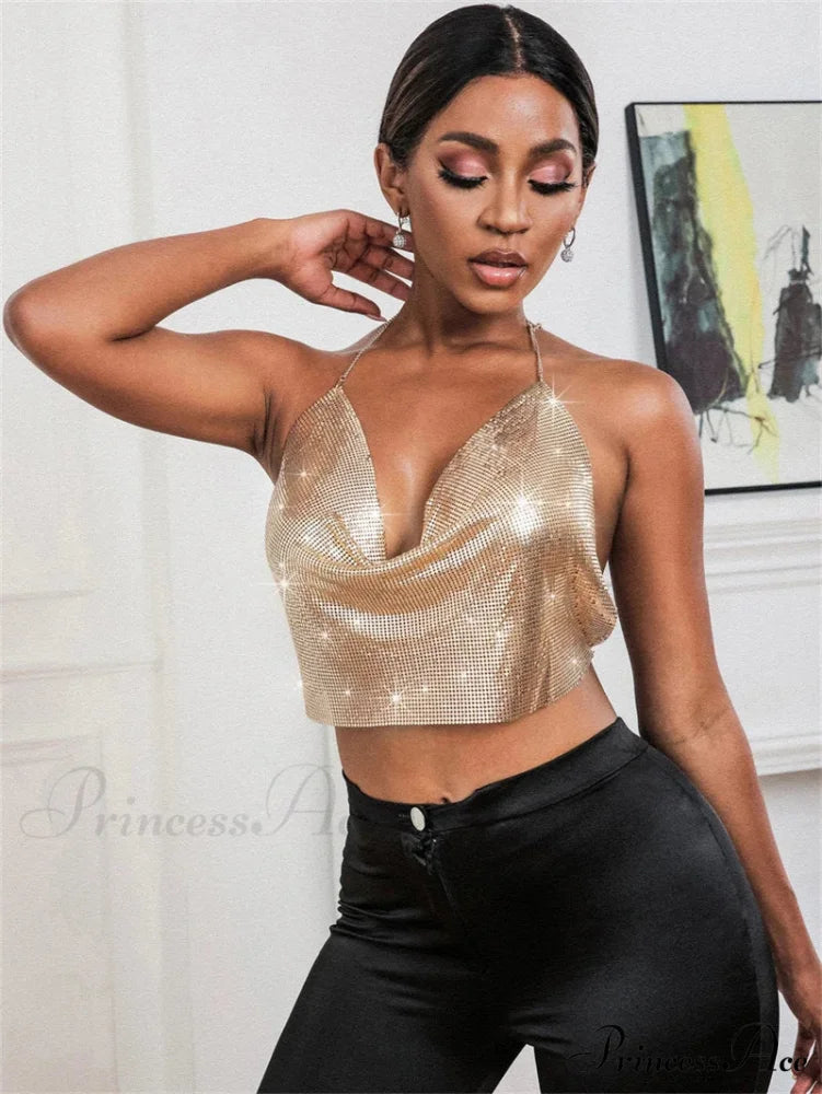 Gothic Party Club Corset Rhinestones Crop Top gold2 / S