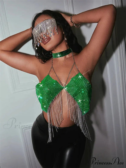 Gothic Party Club Corset Rhinestones Crop Top green / S