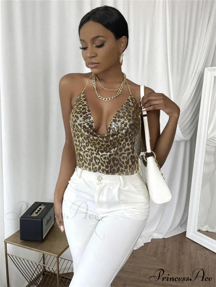 Gothic Party Club Corset Rhinestones Crop Top Leopard gold / S