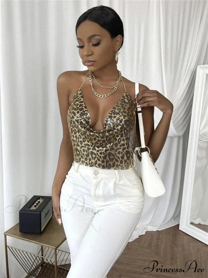 Gothic Party Club Corset Rhinestones Crop Top Leopard gold / S