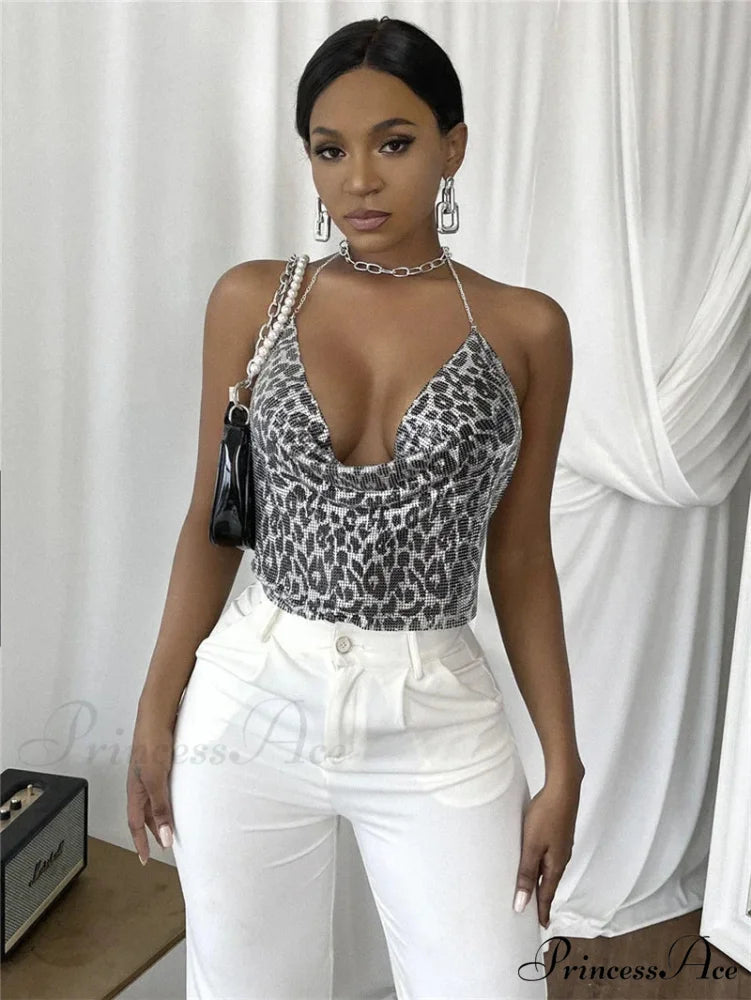 Gothic Party Club Corset Rhinestones Crop Top Leopard silver / S