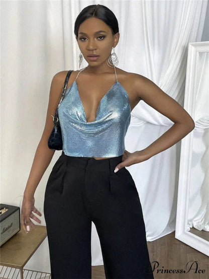 Gothic Party Club Corset Rhinestones Crop Top sky blue / S