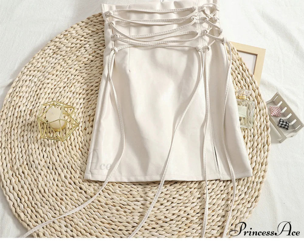 Gothic Pencil Mini Leather Skirt Beige / XS