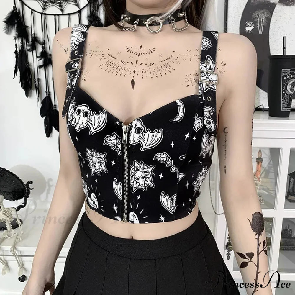 Gothic Print Sexy Backless Y2K Punk Zip Up Corset Crop Top Black / S