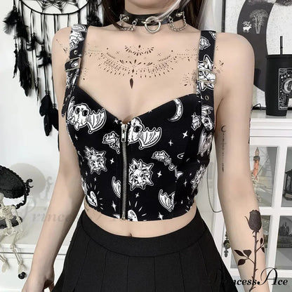 Gothic Print Sexy Backless Y2K Punk Zip Up Corset Crop Top Black / S