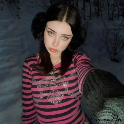 Gothic Punk Dark Academia Rhinestone Skull Striped Crop Top As photo shows / S