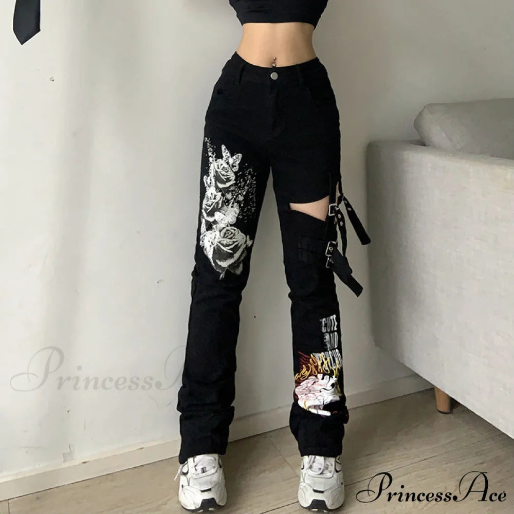 Gothic Punk Hip Hop Harajuku Baggy Cargo Pants Black 8 / S
