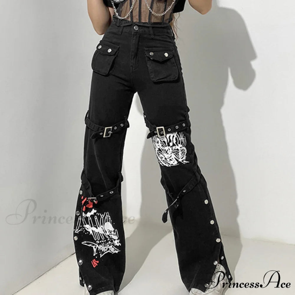 Gothic Punk Hip Hop Harajuku Baggy Cargo Pants -Black1 6 / S