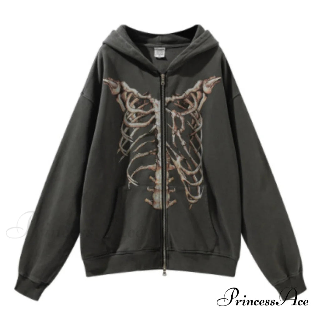 Gothic Punk Skeleton Print Hoody Jacket Dark grey / M
