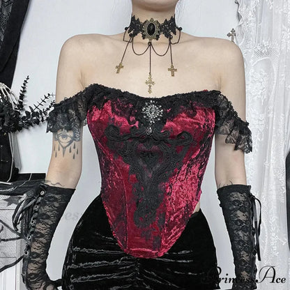 Gothic Punk Victorian Patchwork Ruched Lace Tube Bustier Crop Top Claret Tops / S