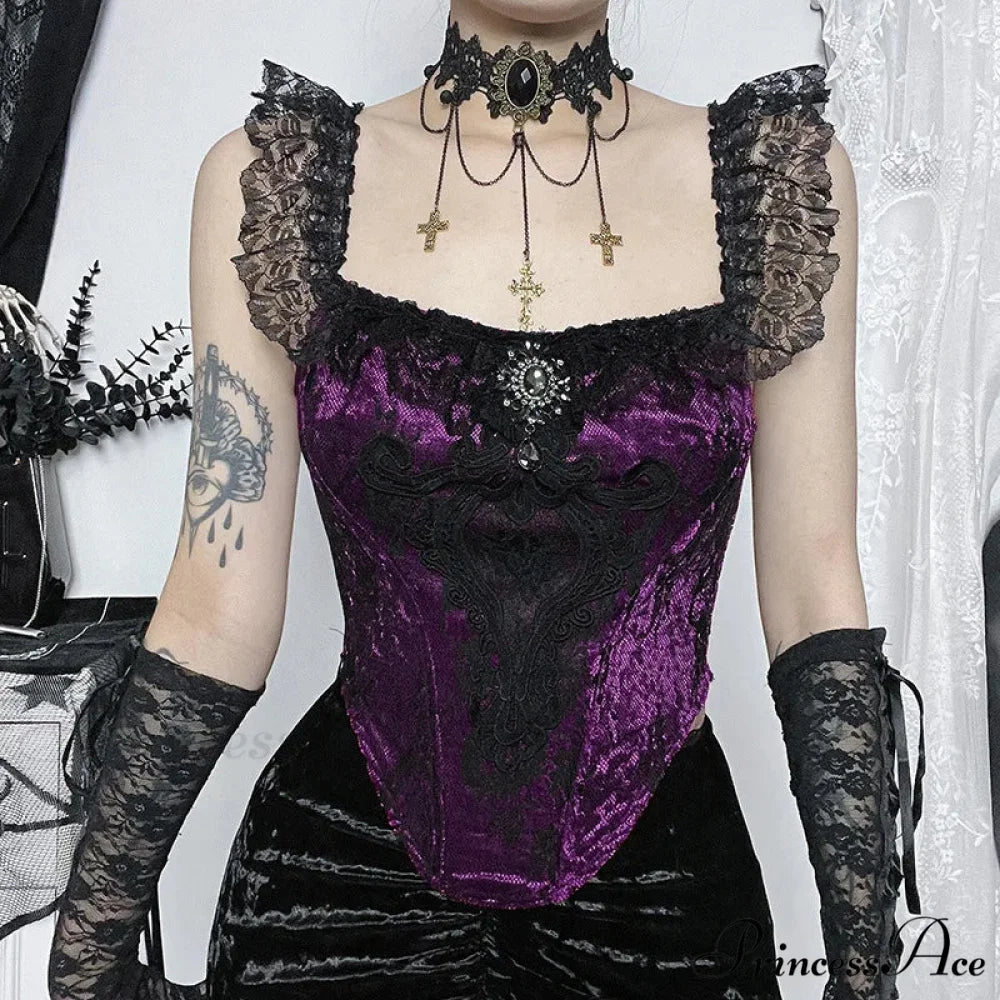 Gothic Punk Victorian Patchwork Ruched Lace Tube Bustier Crop Top Purple Tops / S