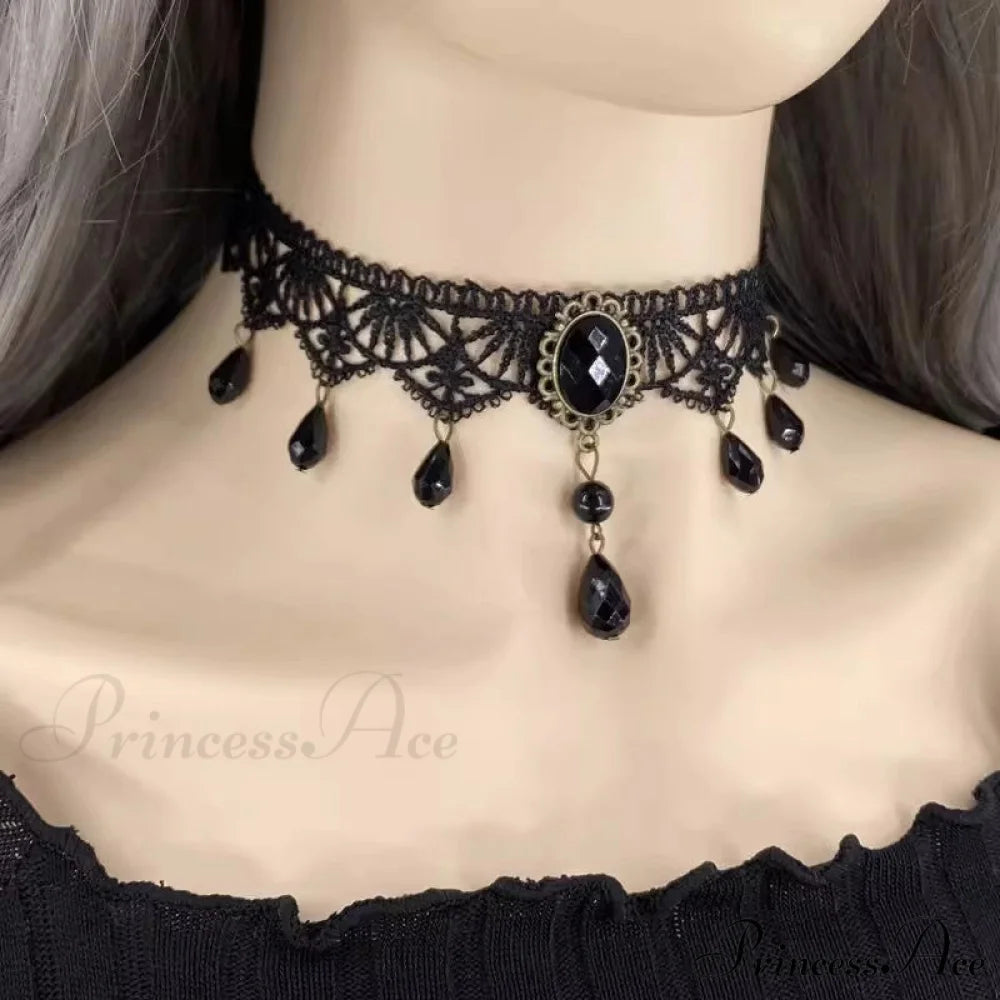 Gothic Retro Black Lace Tassel Collar Choker Necklace