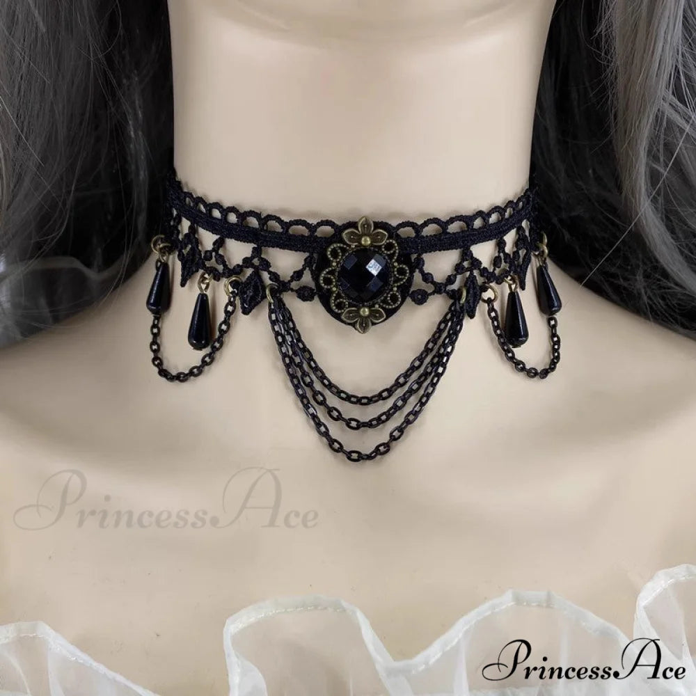 Gothic Retro Black Lace Tassel Collar Choker Necklace